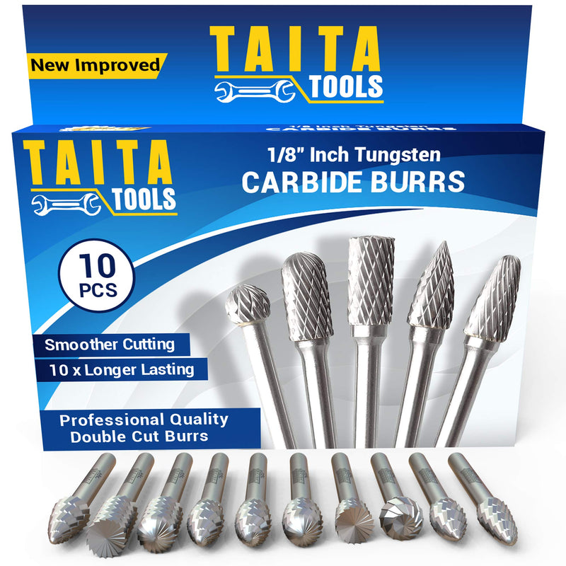 10PC Double Cut Carbide Burr Set 0.118" (3mm) Shank, Rotary Tool Bits Cutting Burrs - Dremel Accessories Fordom, Flex Shaft, Dewalt and Die Grinders - Wood Carving bits Metal Working and Engraving
