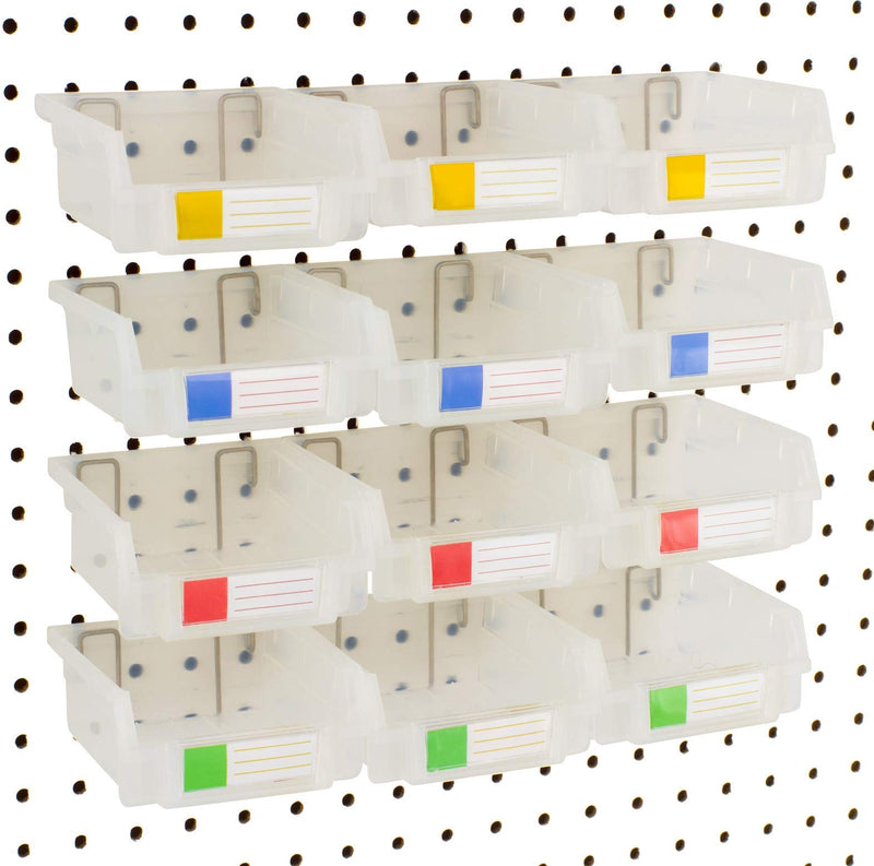 Pegboard Bins - 12 Pack Clear - Hooks to Any Peg Board - Organize Hardware, Accessories, Attachments, Workbench, Garage Storage, Craft Room, Tool Shed, Hobby Supplies, Small Parts 3.5 Inch (Pack of 12)