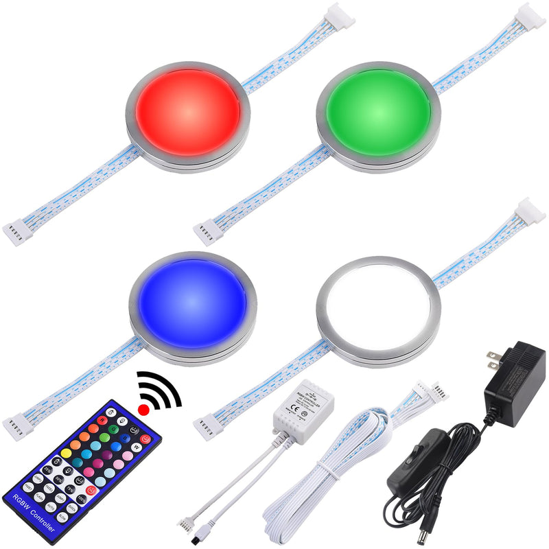 RGBW Under Cabinet LED Puck Light Kit, Collection Display Cases Lighting, Multi Color Changing & True White, Remote Control Dimmable, Daisy Chained Linkable, 120V Wall Plug-in, 4 Lights 4 Lights Kit