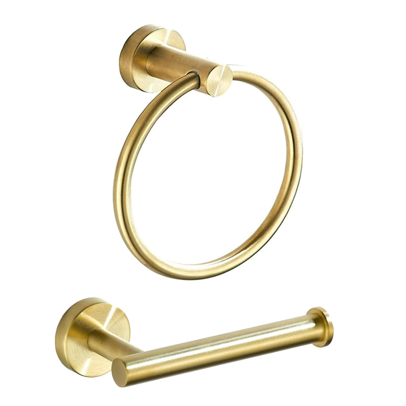 BATHSIR Brushed Gold Toilet Paper Holder & Hand Towel Holder Wall Mount 2 Pieces, Single Post Pivoting Round Modern Bathroom Hardware Towel Ring Toilet Tissue Holder, Bathroom Accessories Set Gold 3