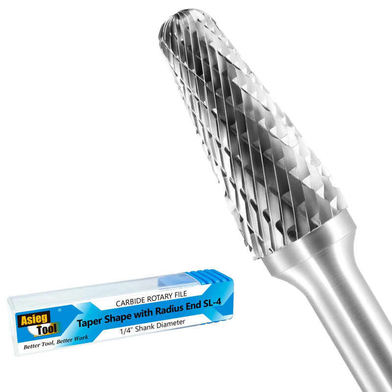 SL-4 Tungsten Carbide Burr Rotary File Taper Shape with Radius End Double Cut with 1/4" Shank for Die Grinder Drill Bit SL-4