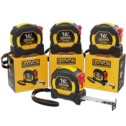 LEXIVON [4-Pack] 16Ft/5m DuaLock Tape Measure | 1-Inch Wide Blade with Nylon Coating, Matte Finish White & Yellow Dual Sided Rule Print | Ft/Inch/Fractions/Metric (LX-207X4) 16 ft / 5 m (pack of 4)