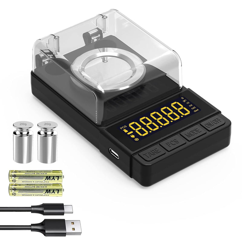 Reloading Scale 50 x 0.001g High Precision Gem Scale Supplement Powder Scale Milligram Includes 20g Calibration Weight, 2 Scoops, 4 Weighing Powder Pans Tweezers Read in Grain Gram Carat DWT oz ozt Silver
