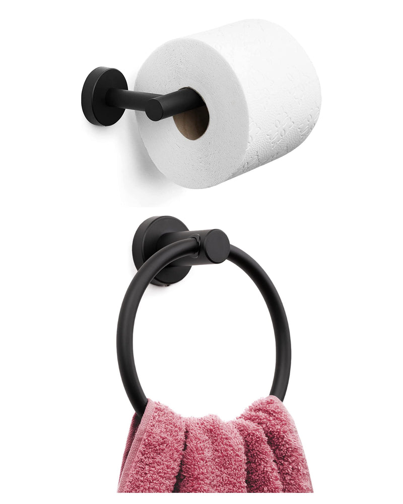 Marmolux Acc 2 PCS Matte Black Bathroom Hardware Set - Hand Towel Holder for Bathroom Wall + Black Toilet Paper Holder Wall Mount | Towel Holder Hanger Rack Stainless Steel Bathroom Set - Towel Rack 2pc Bundle