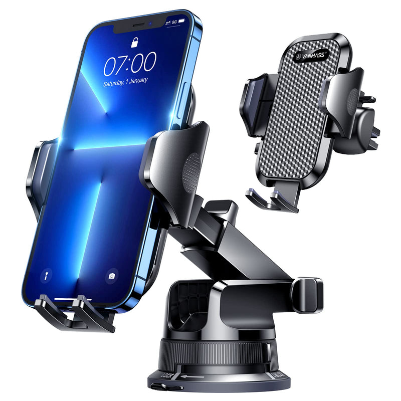 [Pro Version] VANMASS Universal Car Phone Mount [Super Suction Cup] Dashboard Phone Holder Stand, Handsfree Windshield Dash Vent Phone Holder Car, Compatible for iPhone 15 14 13 12 Samsung LG & Truck Black