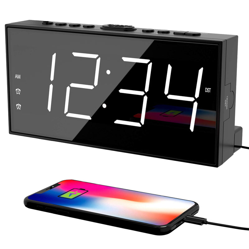 Alarm Clock for Bedroom, 2 Alarms Loud LED Big Display Clock with USB Charging Port, Adjustable Volume, Dimmable, Snooze, Plug in Simple Basic Digital Clock for Deep Sleepers Kids Elderly Home Office White Digits