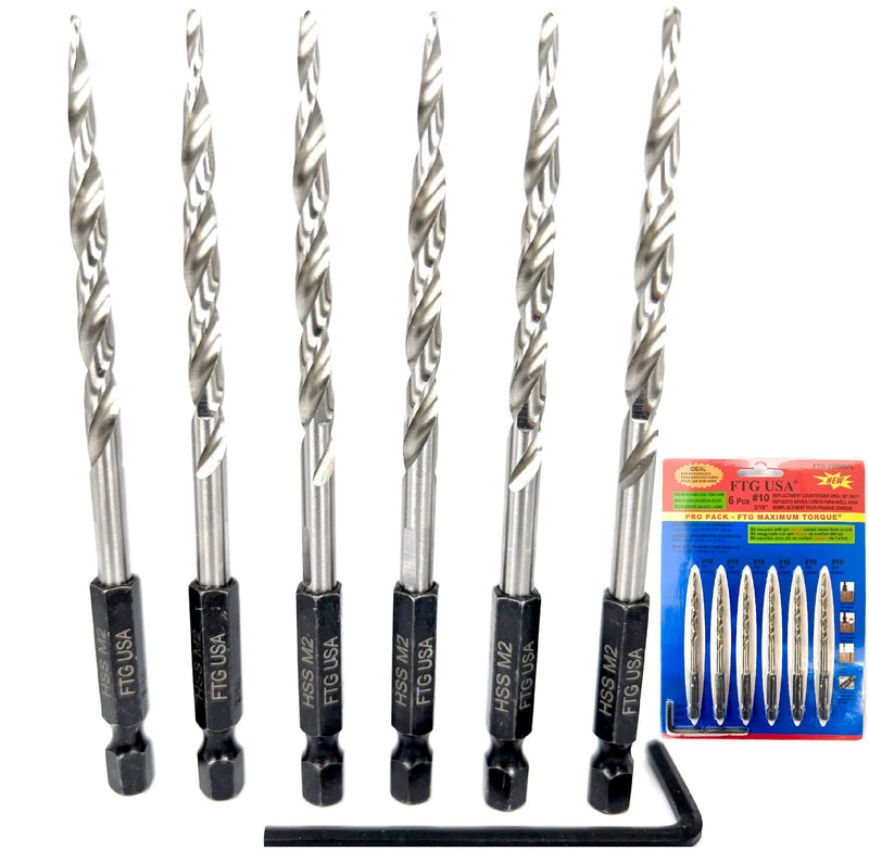 FTG USA Replacement Tapered Countersink Drill Bit Set 6 Pc (#10) 3/16" #10 6 Piece Same Size