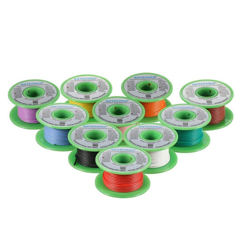 BNTECHGO 22 Gauge Silicone Wire Kit 10 Color Each 30 ft Flexible 22 AWG Stranded Tinned Copper Wire 10 Colors Each 30ft 22 AWG silicone wire