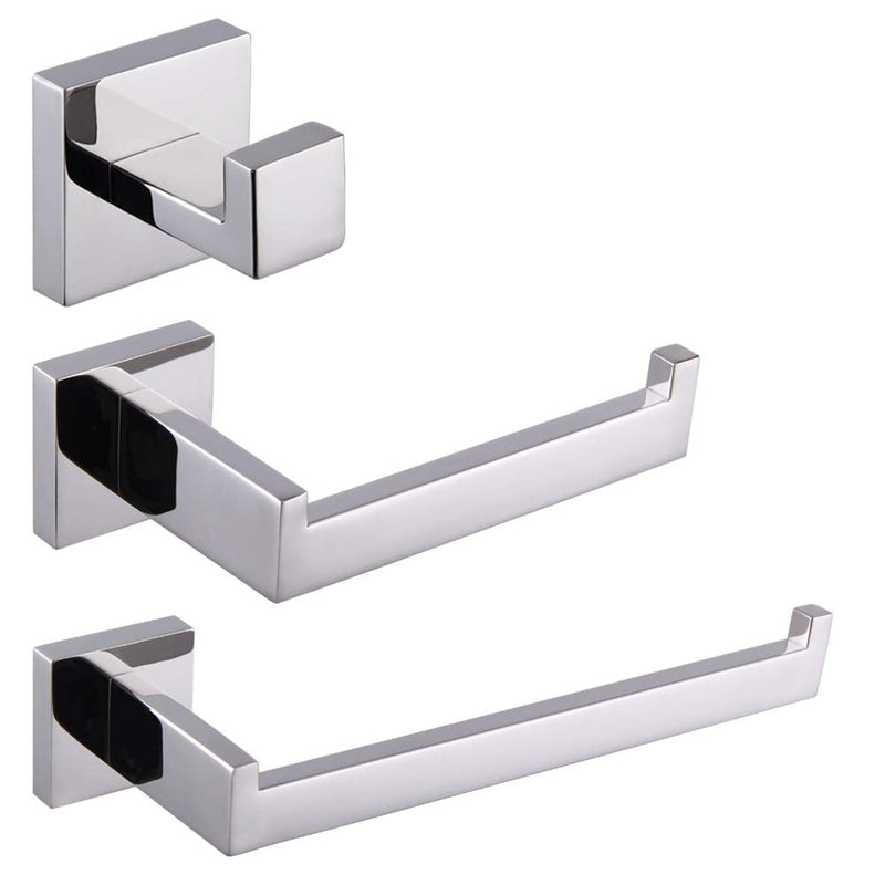 GERZWY Contemporary Stainless Steel Wall Mounted 3-Piece Bathroom Hardware Set - Towel Ring Toilet Paper Holder Towel Hooks, Polished Finish FG16567-3JG