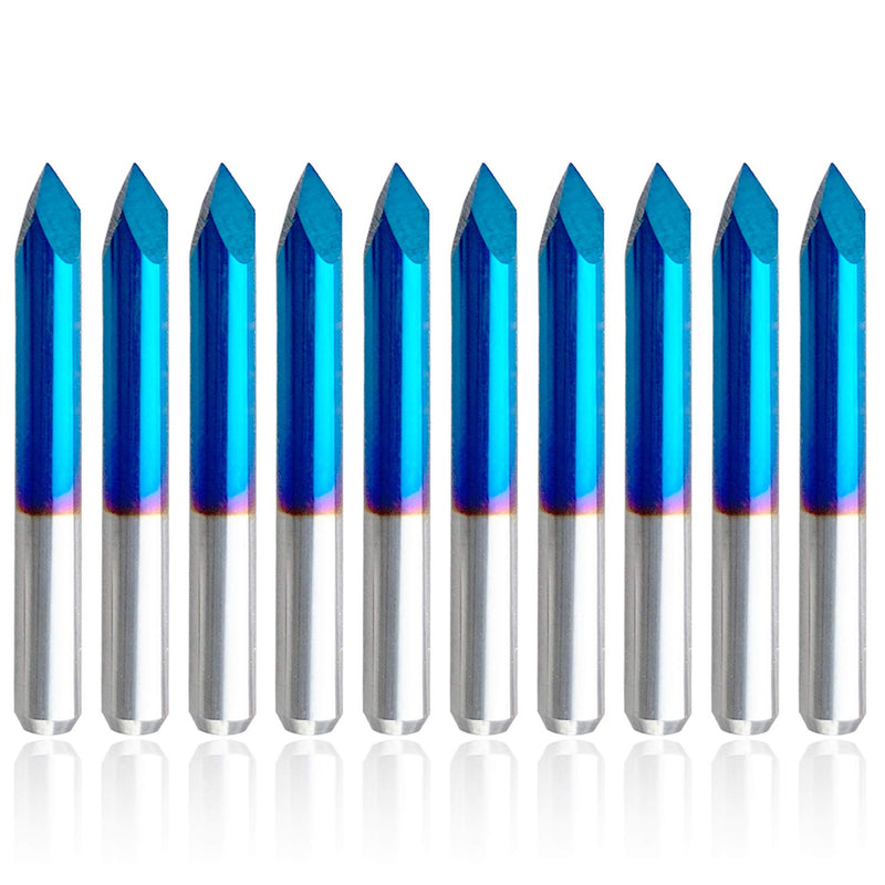 FoxAlien 10pcs Triangular CNC Router Bits V-Bit, 60 Degree 0.1mm Engraving Bits, 1/8” Shank Nano Blue Coating Sharp Pyramid Bits for Acrylic Wood MDF Aluminum Lettering Sign Making 60deg*0.1