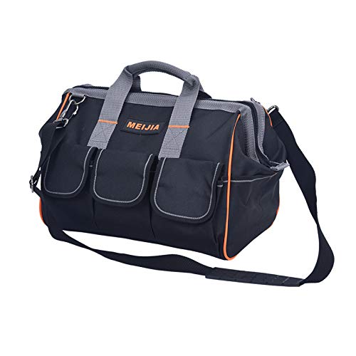 MEIJIA Heavy Duty Waterproof Tool Bag,14-Inch Wide Mouth Canvas Tool Organizer With Adjustable Shoulder Strap 14" Deluxe