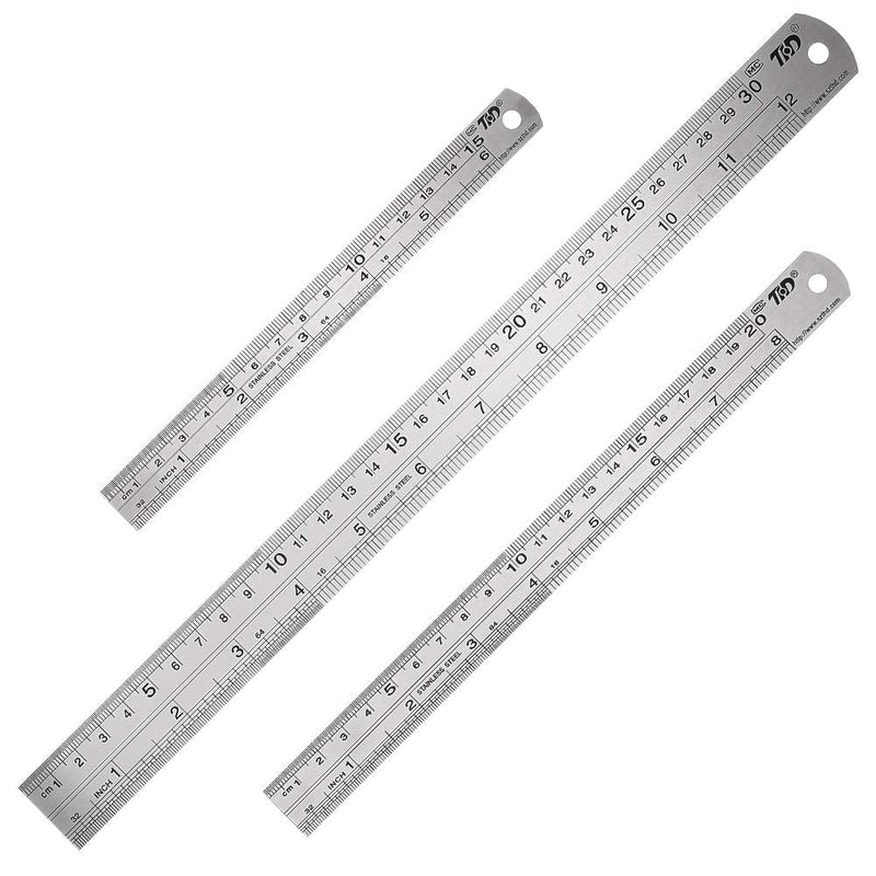 3 pieces stainless steel metal ruler, 15 cm/20 cm/30 cm | Precision double scale edge steel ruler for engineering, teaching and office