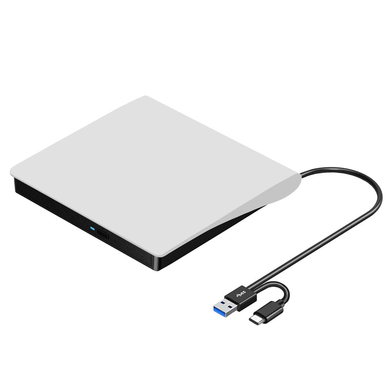 ROOFULL External CD DVD Drive for Mac Laptop, USB 3.0 & USB-C CD DVD Reader Writer Burner Player ROM/RW Portable Optical Disc Drive for Apple MacBook Pro, iMac, Windows 11/10/8/7 Computer PC, White 2 In 1 (White)