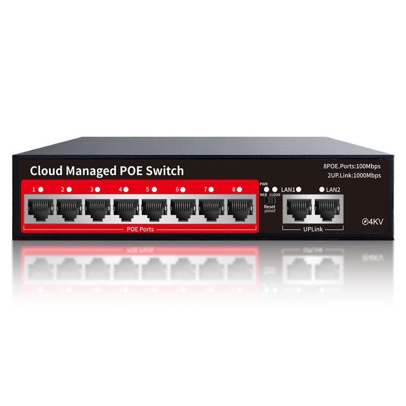 STEAMEMO PoE+ Switch, 8 Port Managed PoE Ethernet Switch(8 POE Ports +2 Uplink),120W Built-in Power, Support VLAN, QoS, Fanless Metal, Plug & Play (Desktop/Wall Mount) 10 Ports|120W 8xPoE+
