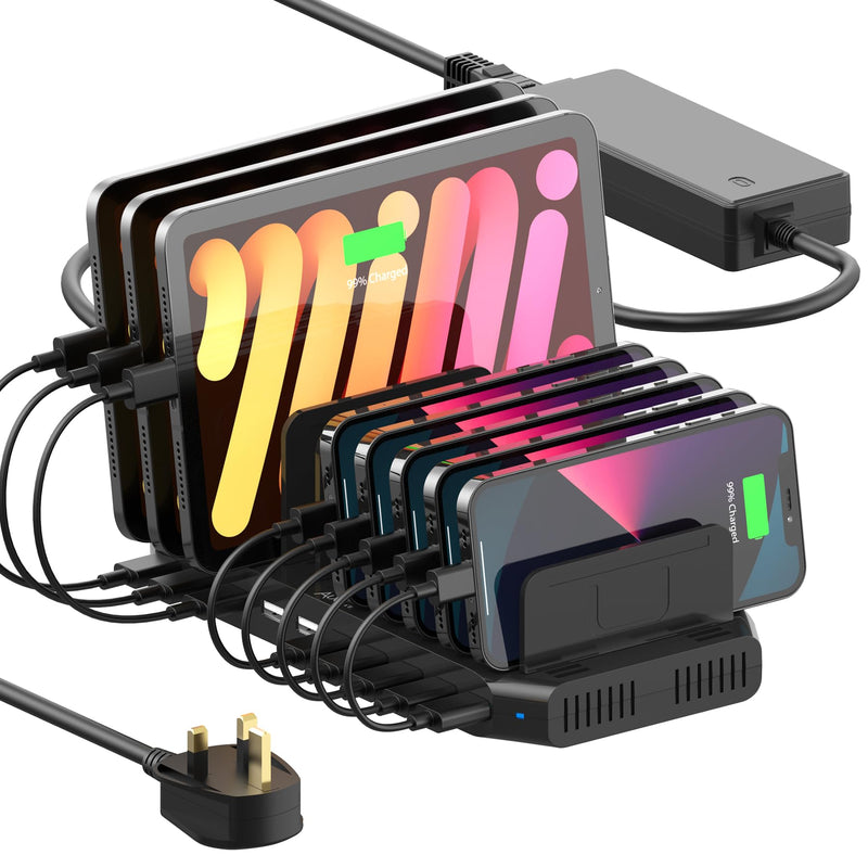 Alxum USB Fast Charging Station with Quick Charge 3.0, 10 Port Charging Stand for Multiple Devices, Compatible with iPad, iPhone, Samsung Galaxy, Black