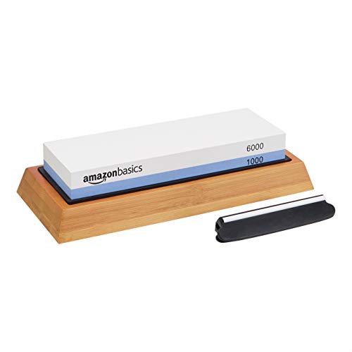 Amazon Basics Whetstone Knife Sharpening Stone, Double-Sided 1000/6000 Grit with Angle Guide, Non-Slip Bamboo Base, Black & Grey Grit: 1000/6000
