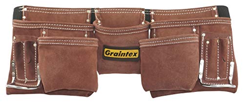 Graintex 11 Pocket Suede Leather Tool Belt/Tool Bag/Work Apron, 2 Hammer Loops, Adjustable Belt | Construction, Carpenter, Roofing, Drywall, Electrician, Gardening, DIY (Coffee Brown, 11 Pockets) Coffee Brown Fits waist size 28" to 50"