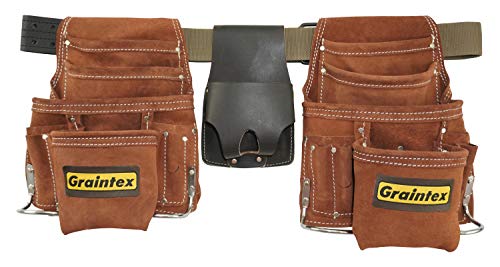 Graintex SS2975 20 Pocket Nail & Tool Pouch Set Brown Color Suede Leather with 2" Leather/Webbing Belt and Professional Measuring Tape Holder for Contractors, Electricians, Plumbers, Handymen