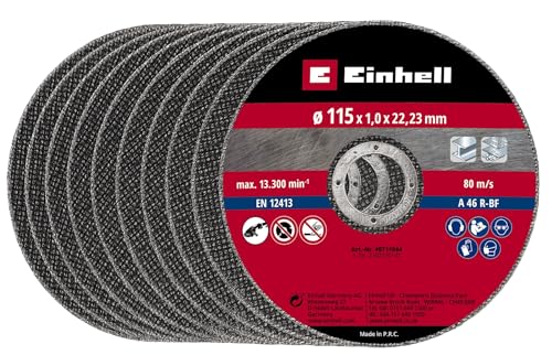 Original Einhell Cutting Disc Set Thin 115 x 1.0 mm (Angle Grinder Accessories, 10 Pieces, Diameter 115 x 1.0 x 22.23 mm, Max. 13,300 rpm, Extra Thin for Little Material Loss)