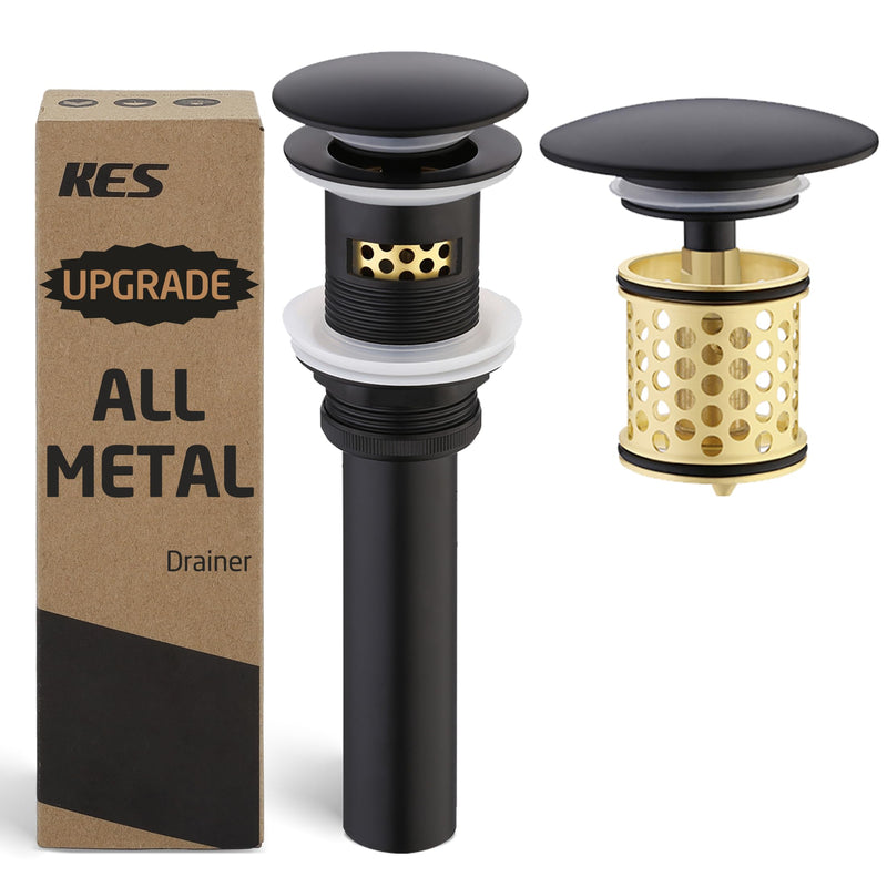 KES Bathroom Sink Drain with Overflow, All Metal Pop Up Drain for Bathroom Sink Stopper with Brass Strainer Basket Hair Catcher Anti Clog Rustproof 18/8 Stainless Steel Matte Black, S2018A-BK