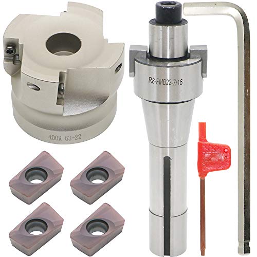 Face Milling Cutter Holder 90 Deg 400R 63-22+R8-FMB22-7/16+APMT1604 Hard Alloy Blade+8mm Spanner+T15 Spanner, Used for Fough Machining of The Workpiece on The Milling Machine.(2.48 inches in diameter) 400R 63-22 (2.48 Inch)