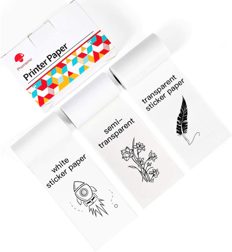 [Australia - AusPower] - Phomemo Adhesive Thermal Sticker Paper,White/Transparent/Semi-Transparent Thermal Printer,for Phomemo M02/M02 Pro/M02S/M03/M03AS/M04S Bluetooth Thermal Pocket Printer, 50mm-53mm Width,2.5m-3.5m Length 