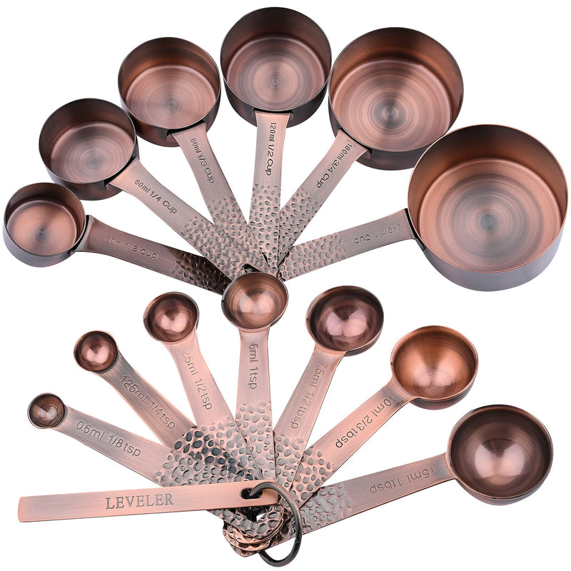 Smithcraft Copper Measuring Cups and Spoons Set, Stainless Steel Copper Plated 6 Metric & US Measuring Cups & 7 Spoons with Leveler for Baking & Kitchen A: Copper-cups+spoons