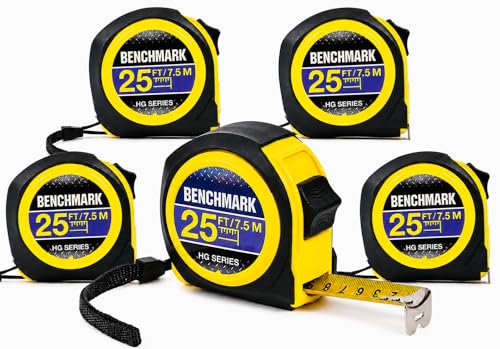 5 Pack - Tape Measures 25ft / 7.5m – Inch & Centimeter Marks. Rugged Outer Shell with Easy Grip Design - High Visibility Steel Tape - Thumb Lock - Autowind - Belt Clip – Retractable Measuring Tape Blue/Yellow 5