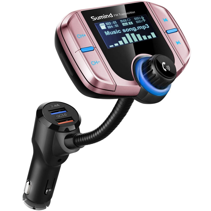 (Upgraded Version) Sumind Car Bluetooth FM Transmitter, Wireless Radio Adapter Hands-Free Kit with 1.7 Inch Display, QC3.0 and Smart 2.4A USB Ports, AUX Output, TF Card Mp3 Player(Rose Gold) Rose Gold Normal