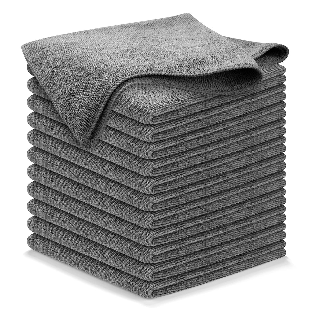 Microfiber Cleaning Cloth Grey - 12 Pcs (12.5"x12.5") - High Performance - 1200 Washes, Ultra Absorbent Microfiber Towel Weave Grime & Liquid for Streak-Free Mirror Shine - Car Washing Cloth Gray