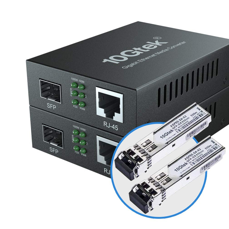 10Gtek Gigabit Ethernet Media Converter, MultiMode Dual LC Fiber to Ethernet RJ45 Converter for 10/100/1000Base-Tx to 1000Base-SX(with a SFP MMF 850-nm Module), UL Certified, up to 550-m, Pack of 2 MMF, 550m Power Outside X2