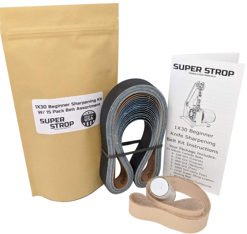 1X30 Super Strop Beginner Knife Sharpening Kit With 15 Pack Sanding Assortment and Leather Honing Belt - Detailed Instructions Included