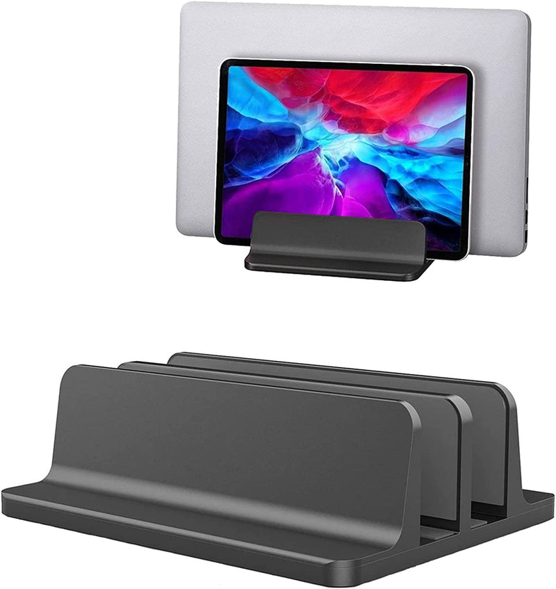 Double Slot Vertical Laptop Tablet Stand Mount Space -Saving Storage for MacBook Laptop Chromebook Tablet,Smartphone (Black) Black