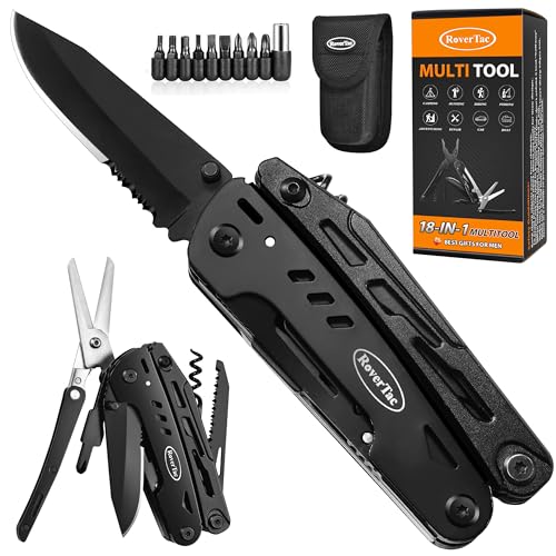 RoverTac 18-in-1 Multitool Pocket Knife with Pliers, Saw, Corkscrew & Detachable Scissors, Multi Tool with Safety Lock, 9 Screwdriver Bits, Camping Gear, Gifts for Men Black