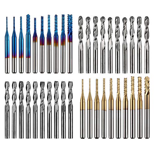 Genmitsu MC40A End Mill Set with a Total of 40 CNC Router Bits, 3.175 mm (1/8 Inch) Shank, CNC Cutter Set with 2 Flutes Flat and Ball End Mills, Nano Blue Coating and Titanium Coating MC40A (40PCS)