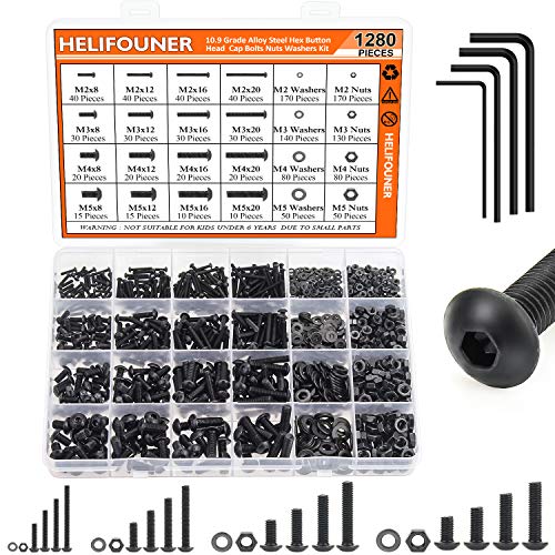 HELIFOUNER 1280 Pieces Button Head Socket Cap Screw Bolts, Flat Washers and Nuts Assortment Kit, 10.9 Grade Alloy Steel, Full Thread (M2 M3 M4 M5) M2 M3 M4 M5 Button Head Socket Cap Screws Black