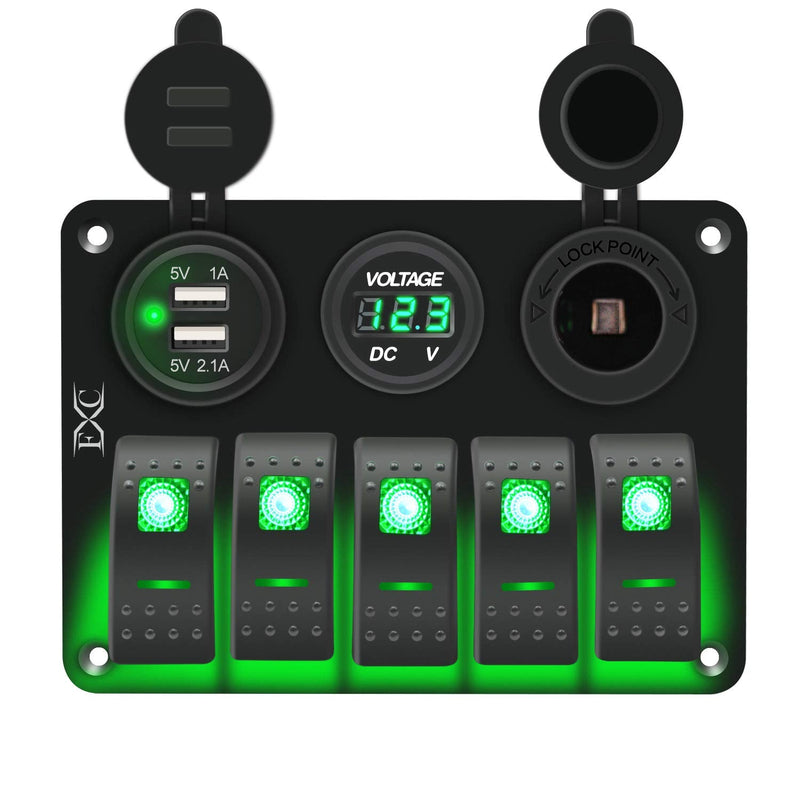 FXC 5 Gang Rocker Switch Aluminum Panel with Dual USB Slot Socket 5V 3.1A + Volt Meter + Cigarette Lighter for Marine Boat Car Rv Vehicles Truck 12-24V Waterproof (5Gang Green)