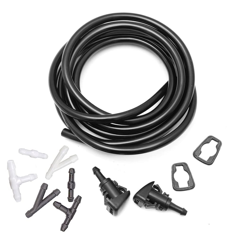 Front Windshield Washer Nozzles Kit for Dodge, Jeep, Ram - Replaces OEM # 4805742AB, 5116079AA Wiper Spray Washer Jet with 118 Inch Long Fluid Hose and 6 Connectors Front Windshield Washer Nozzles & Hose Kit