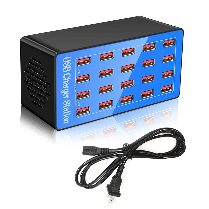 USB Charger Station,20-Port 100W/20A Multiple USB Charging Station,Multi Ports USB Charger Charging for Smartphones，Tablets，and Other USB Devices. LIght blue-20 port
