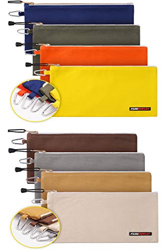 8 Pack Utility Canvas Zipper Tool Bag - Heavy Duty Tools Pouch with Carabiner, Multi-Purpose Storage Organizer Clip on Tote Bags Olive, Orange, Blue, Yellow, White, Gray, Tan, Brown