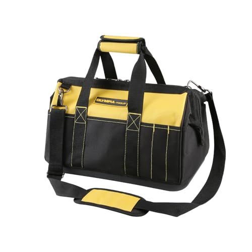 Olympia Tools 16 Inch Wide Mouth Tool Bag, Tool Tote with Water Proof Molded Base, Tool Bags for men with 21 Pockets and 7 Belt Loops, Padded Handle, Adjustable Shoulder Strap Standard