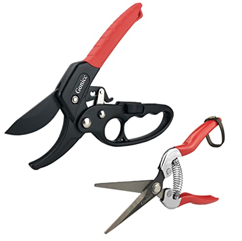 gonicc 8" Professional Ratchet Anvil Pruning Shears (GPPS-1011) andMicro-Tip Pruning Snip (GPPS-1008), Ratcheting Mechanism, Anvil Groove Design, Reinforced Design Handle, Garden Shears Clippers,