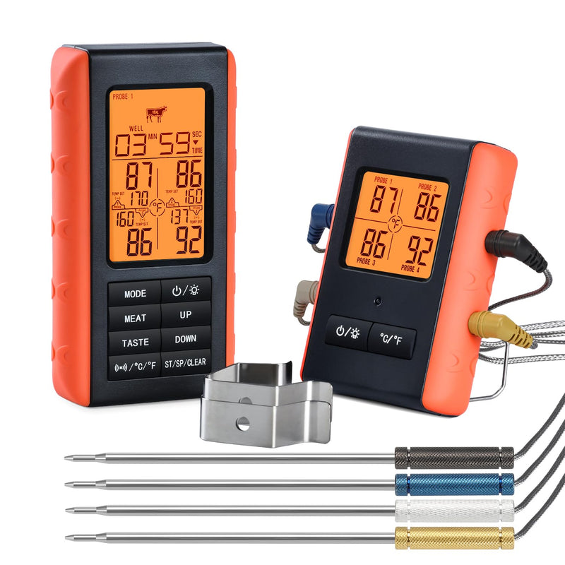 Wireless Meat Thermometer for Grilling and Smoking, Food Thermometer for BBQ Smoker Oven Cooking Steak, Grill Thermometer for Outside Grill with 4 Meat Probes, Kitchen Timer 4 Probes