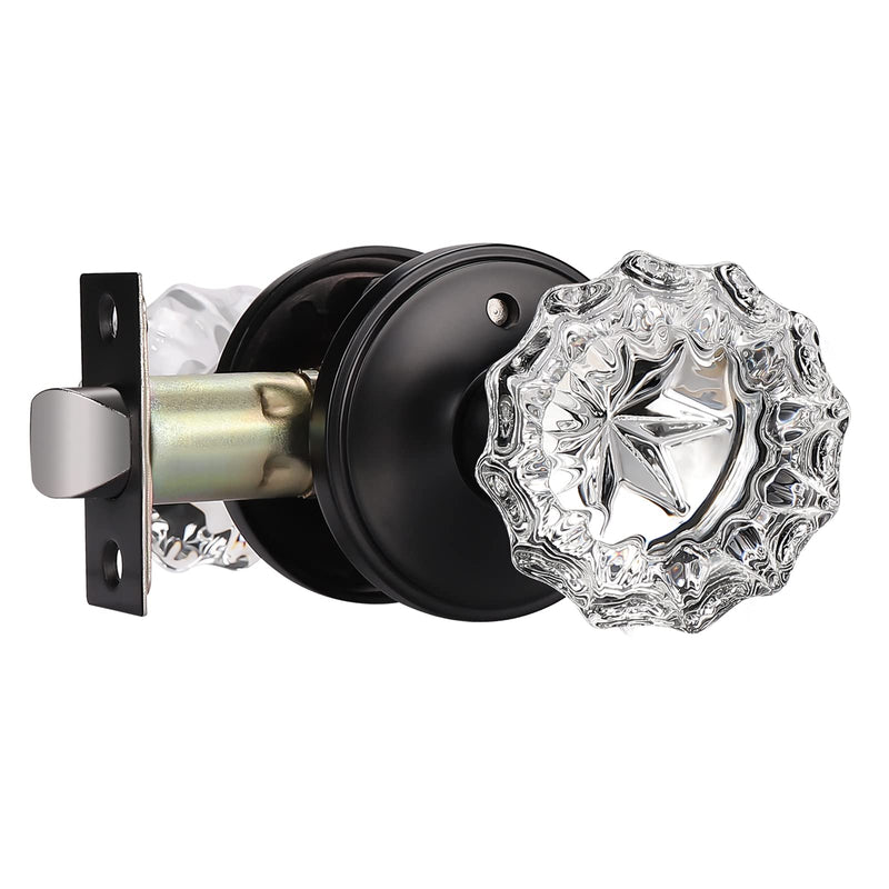 KNOBWELL Modern Round Crystal Door Knobs with Lock, Frosted Glass Door Knobs Interior, Privacy Function for Bed and Bath, Matte Black Door Lock 1 Pack