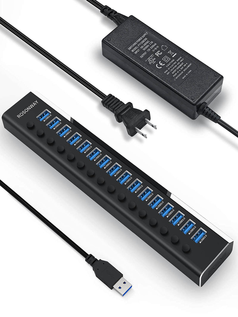 Powered USB Hub Rosonway 16 Ports 96W USB 3.0 Data Hub Aluminum USB Hub 3.0 Splitter with 12V/8A Power Adapter and Individual On/Off Switches RSH-A16 (Black) 16 Ports USB 3.0 hub Black