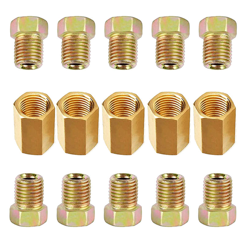 MuHize Brake Line Fittings - Upgraded 15 Pieces 7/16-24 Threads Brake Union Fittings Assortment for 1/4” Brake Line Tube (5 Unions, 10 Nuts) For 1/4" Tube