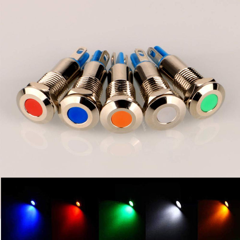 Gebildet 5pcs 8 mm AC/DC 12-24V Stainless Steel Waterproof LED Indicator Light and in 5 Colors Red/Orange/Blue/Green/White Mix 5 Colors