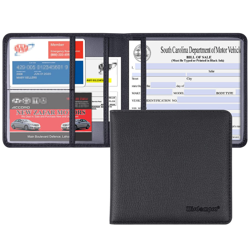 Wisdompro Small Car Registration and Insurance Documents Holder - Premium PU Leather Vehicle Glove Box Paperwork Wallet Case Organizer for ID, Driver's License, Key Contact Information Cards Black