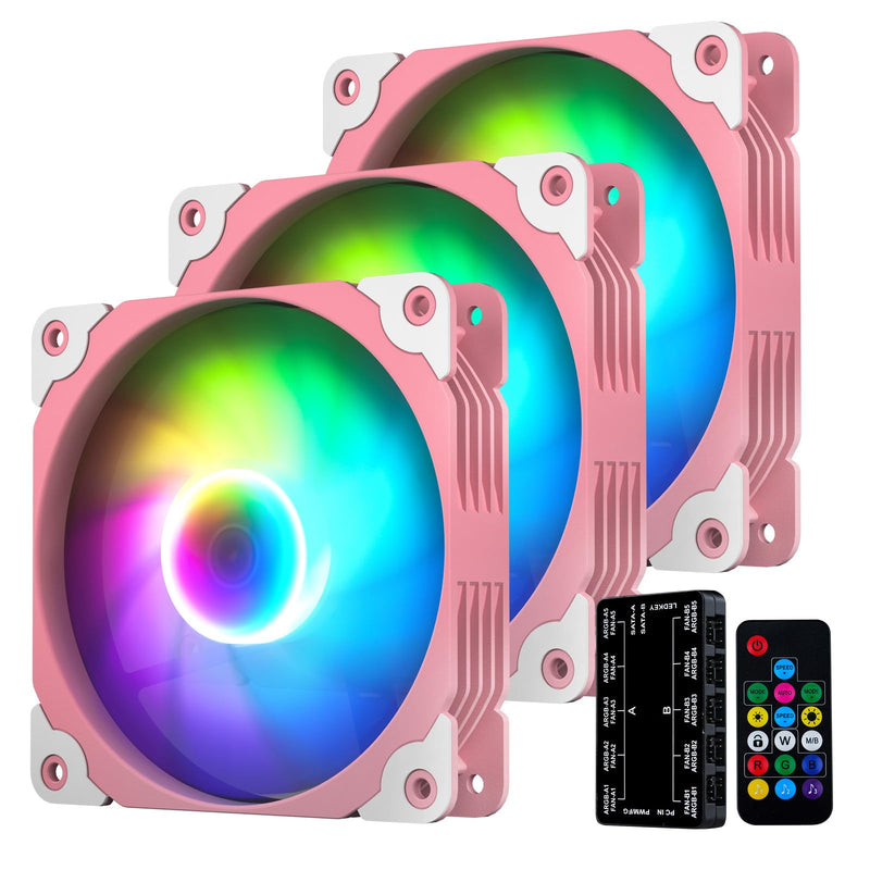 Vetroo 3-Pack Computer Case Fan 120mm Address RGB & PWM Cooling Fans High Performance with Controller Hub - Pink 120mm-HDB