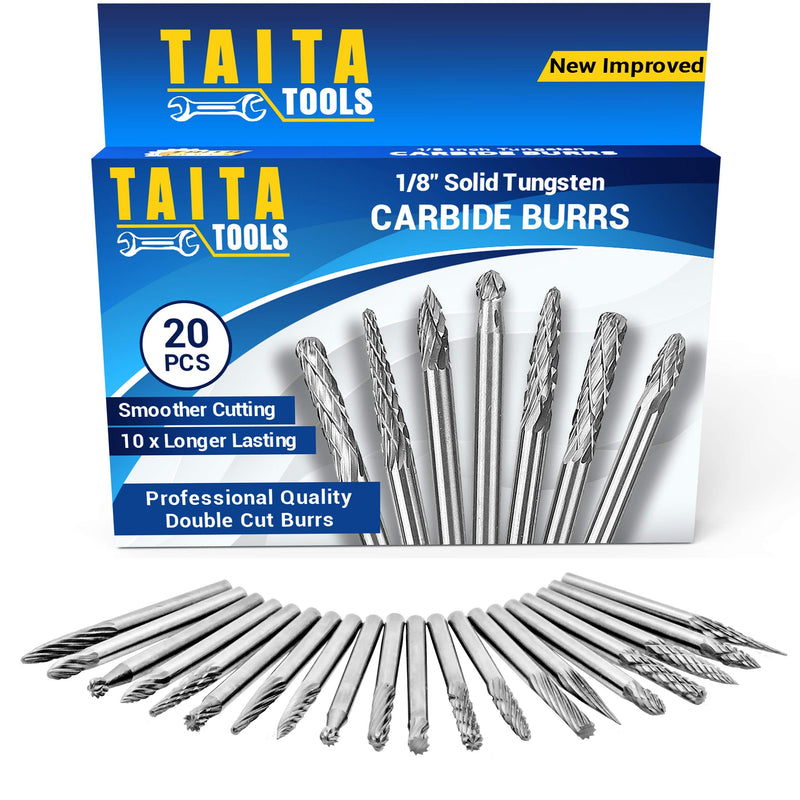 20PC Carbide Double/Single Cut Burr Set - 3mm Shank, Rotary Tool Cutting Bits - Accessories for Dremel, Fordom, Flex Shaft, Dewalt and Multitools - for Wood Carving, Metal Working and Engraving.